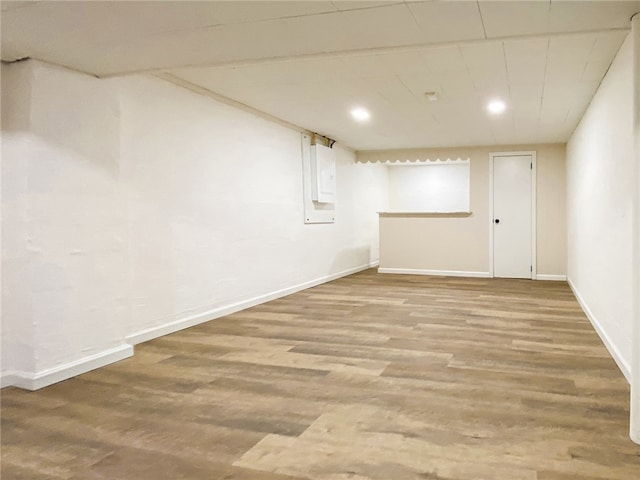 basement with hardwood / wood-style floors