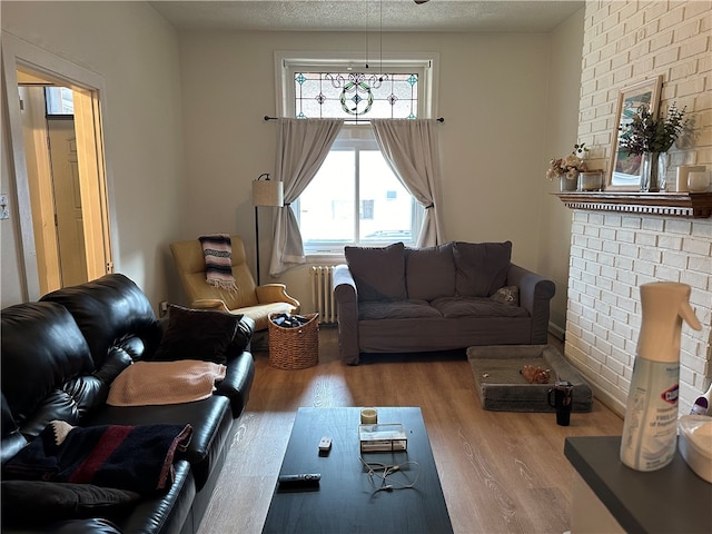 living room featuring radiator, hardwood / wood-style floors, and a textured ceiling