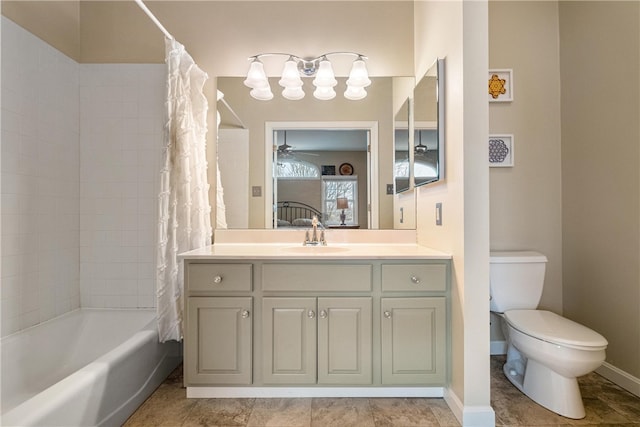 full bathroom featuring ceiling fan, vanity, shower / bath combo, and toilet