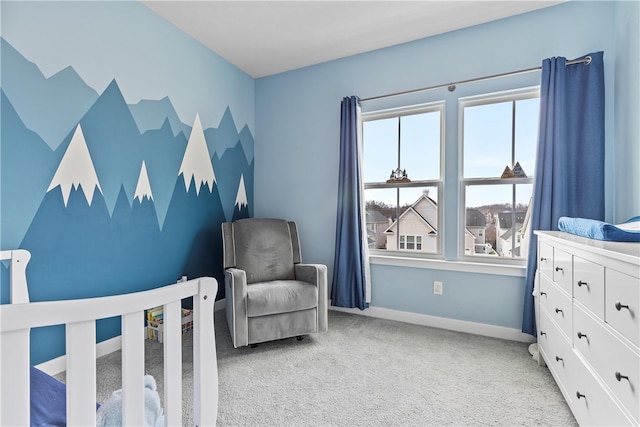 bedroom featuring light colored carpet