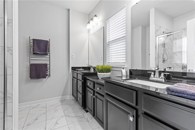 bathroom featuring radiator heating unit, vanity, and walk in shower