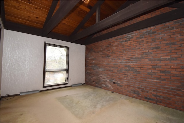 unfurnished room featuring lofted ceiling with beams, light colored carpet, wooden ceiling, and brick wall