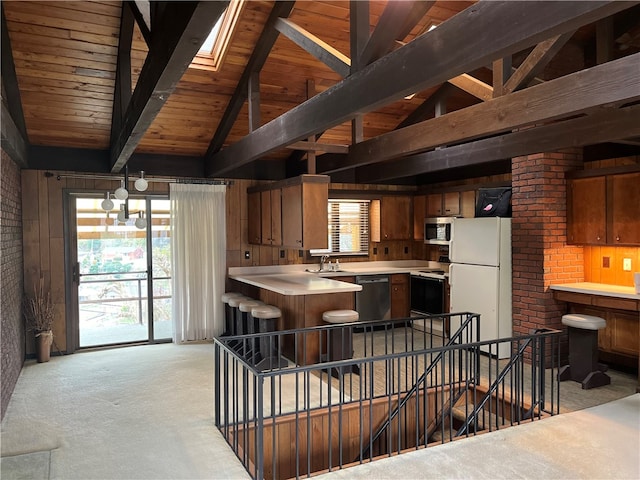 kitchen with wooden ceiling, light colored carpet, lofted ceiling with skylight, and appliances with stainless steel finishes