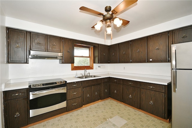 kitchen featuring dark brown cabinets, ceiling fan, sink, white refrigerator, and electric range