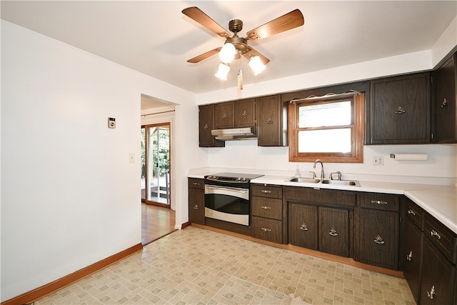 kitchen with stainless steel range with electric cooktop, dark brown cabinets, ceiling fan, and sink