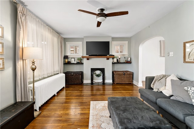 living room with radiator heating unit, ceiling fan, and dark wood-type flooring