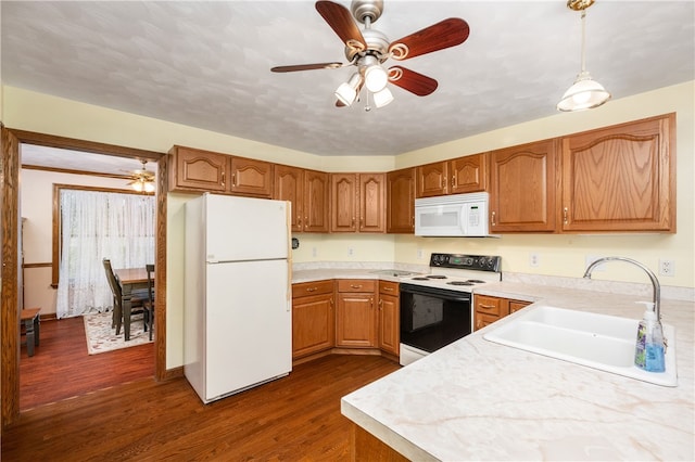 kitchen featuring dark hardwood / wood-style flooring, white appliances, hanging light fixtures, and sink