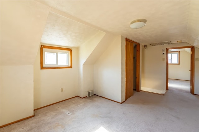 bonus room with light colored carpet, plenty of natural light, and lofted ceiling