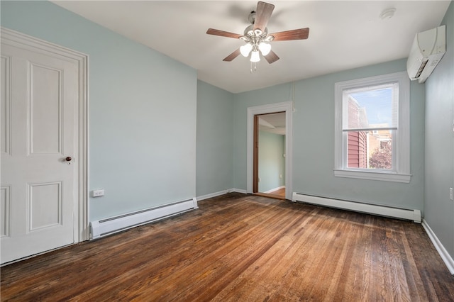 unfurnished bedroom with an AC wall unit, ceiling fan, dark hardwood / wood-style flooring, and a baseboard radiator