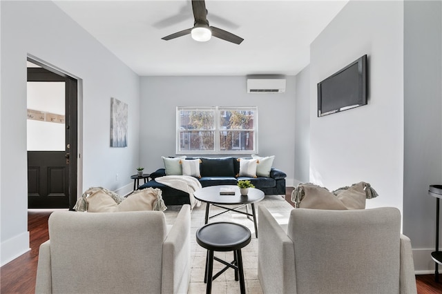 living room with an AC wall unit, ceiling fan, and dark wood-type flooring