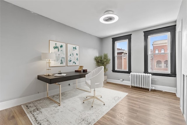 office featuring radiator heating unit and hardwood / wood-style floors