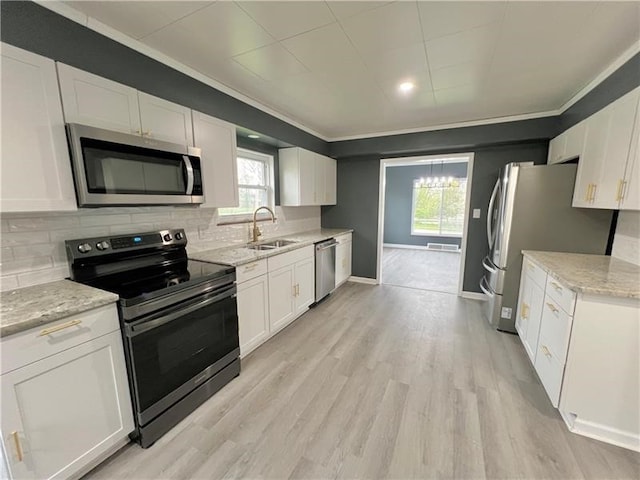 kitchen with white cabinets and appliances with stainless steel finishes