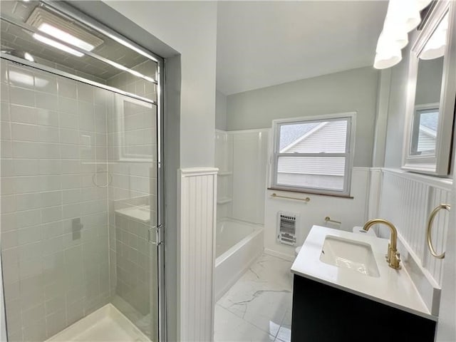 bathroom featuring vanity, plus walk in shower, and heating unit