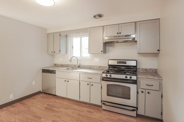 kitchen with appliances with stainless steel finishes, gray cabinets, light hardwood / wood-style flooring, and sink