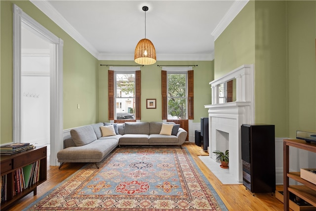 living room featuring light hardwood / wood-style flooring and crown molding