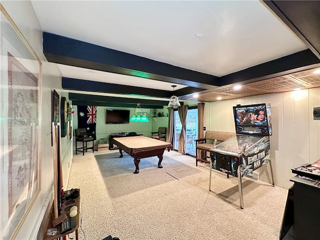 rec room featuring carpet flooring, beamed ceiling, and pool table