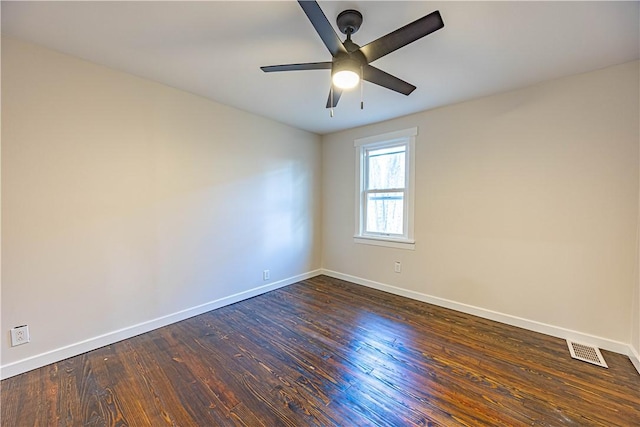 empty room featuring ceiling fan and dark wood-type flooring