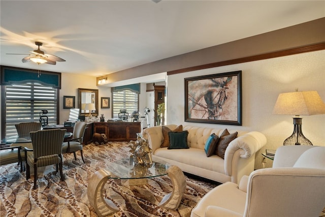 living room featuring ceiling fan