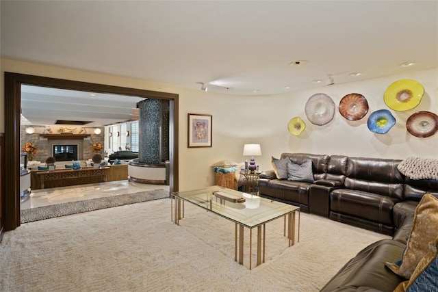 514 Justabout Rd, Peters Twp, PA 15367 - living room featuring carpet flooring, a fireplace, and recessed lighting