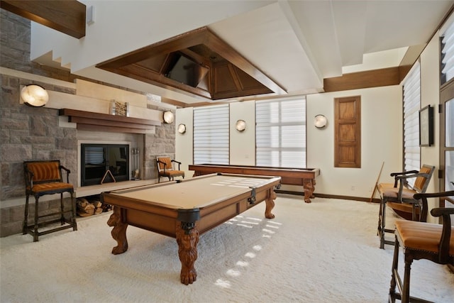 rec room with carpet flooring, beam ceiling, a fireplace, and pool table