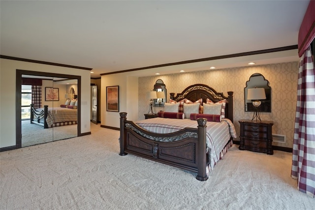 bedroom with light carpet and ornamental molding