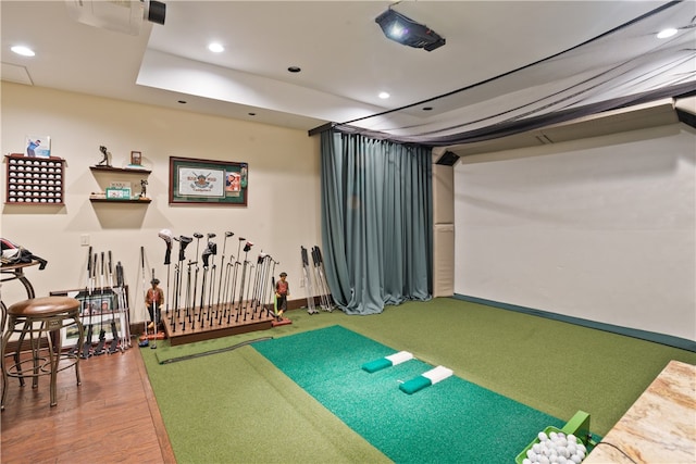 recreation room featuring golf simulator and hardwood / wood-style flooring