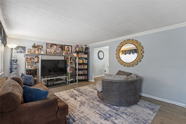 living room featuring dark hardwood / wood-style floors and ornamental molding