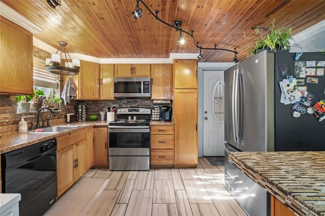 kitchen featuring backsplash, sink, decorative light fixtures, wood ceiling, and stainless steel appliances