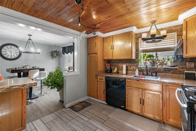 kitchen featuring sink, black dishwasher, stainless steel electric stove, decorative backsplash, and light wood-type flooring