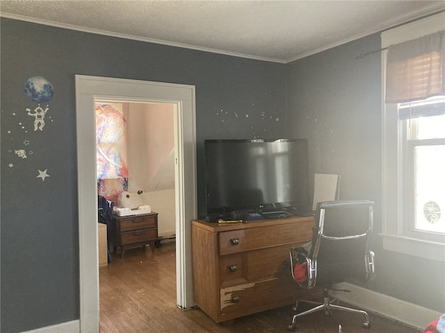 interior space with crown molding and dark wood-type flooring