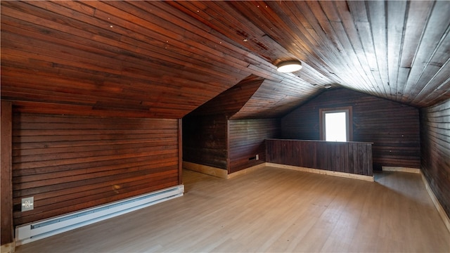 additional living space featuring wood walls, light wood-type flooring, wooden ceiling, and a baseboard radiator