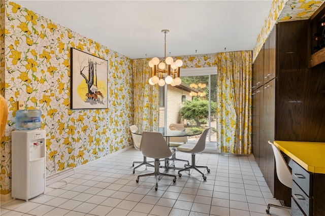 unfurnished dining area featuring plenty of natural light, light tile patterned floors, and a notable chandelier