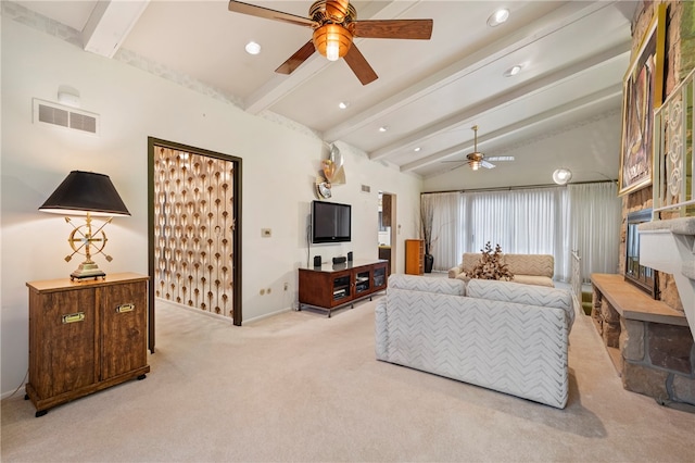 living room with light carpet, ceiling fan, and lofted ceiling with beams