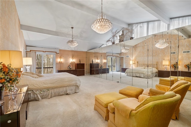 carpeted bedroom with an inviting chandelier, beamed ceiling, and high vaulted ceiling