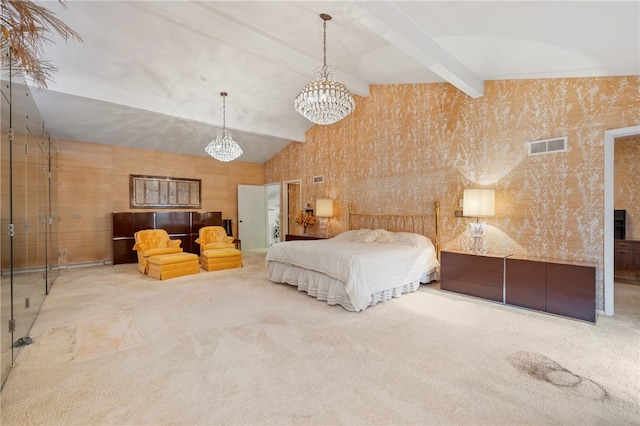 carpeted bedroom featuring beam ceiling, high vaulted ceiling, and a notable chandelier