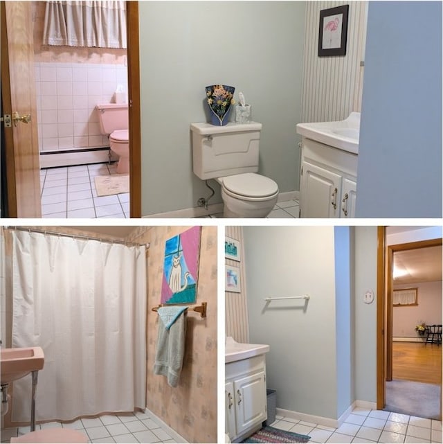 bathroom featuring tile patterned floors, toilet, and a baseboard radiator