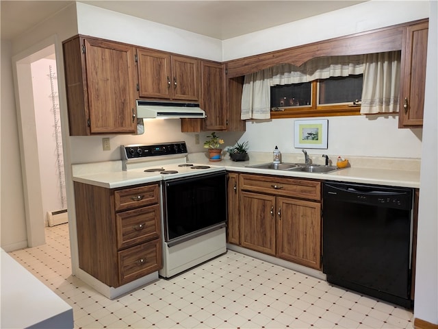 kitchen featuring black dishwasher, white range with electric stovetop, and sink