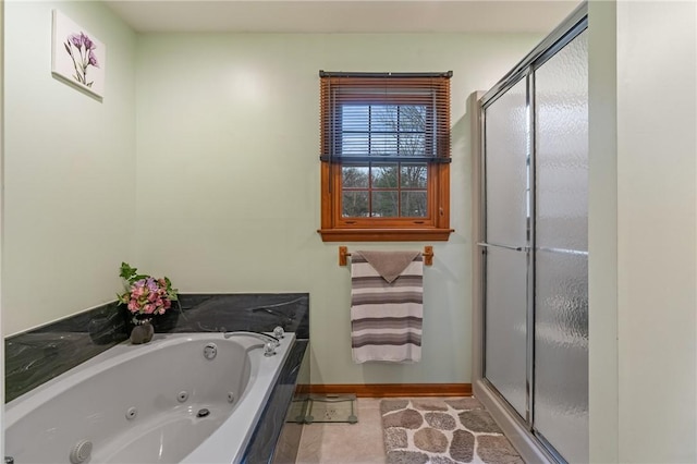 104 Caromar Dr, Adams Twp, PA 16046 - bathroom with a shower stall, a jetted tub, and tile patterned floors