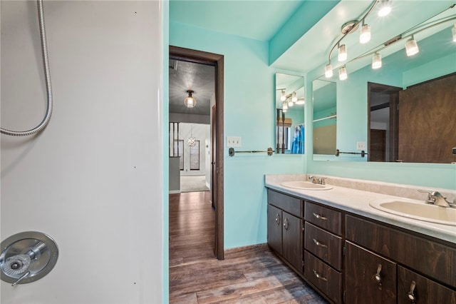 bathroom featuring hardwood / wood-style floors and vanity