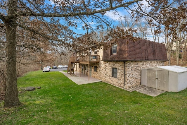 back of house with a lawn, a storage shed, a deck, and a patio