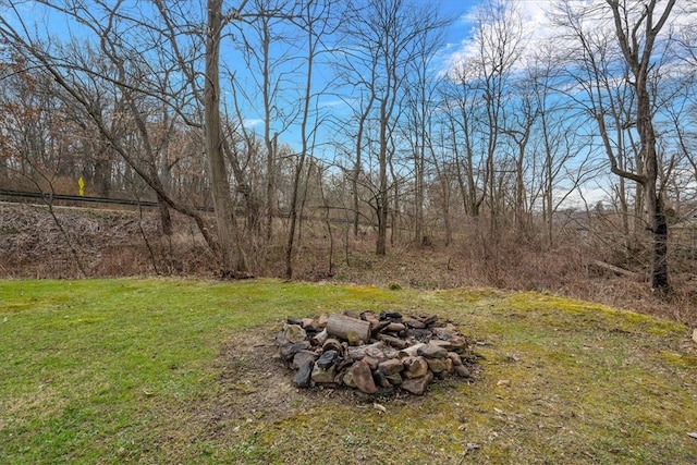 view of yard with a fire pit