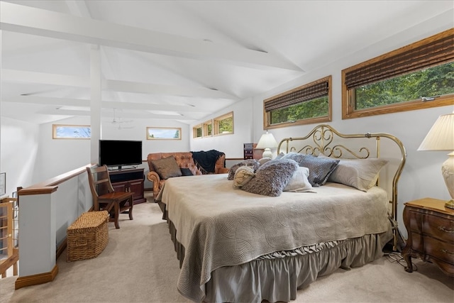 bedroom featuring vaulted ceiling with beams and light colored carpet