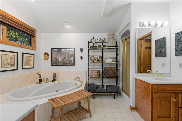 bathroom featuring tile patterned floors, vanity, and independent shower and bath