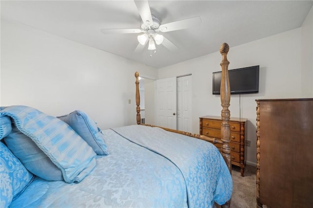 bedroom with carpet flooring, a closet, and ceiling fan