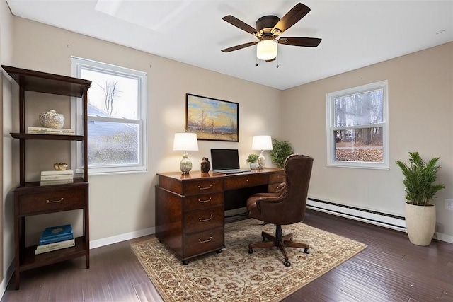 office with dark wood-type flooring, ceiling fan, and a baseboard heating unit