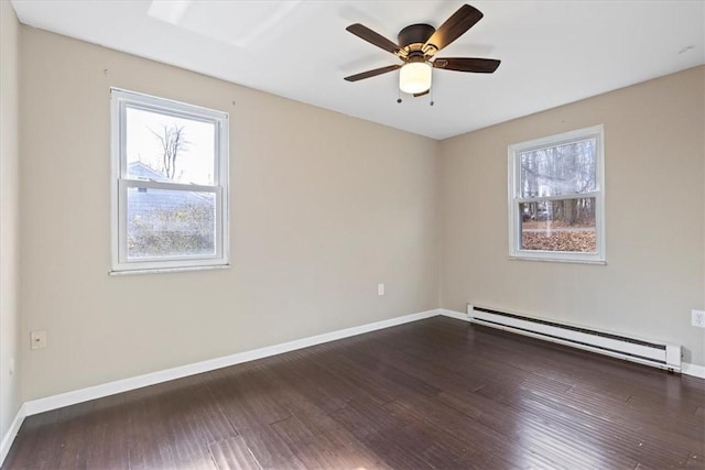 spare room featuring dark hardwood / wood-style floors, ceiling fan, and a baseboard heating unit