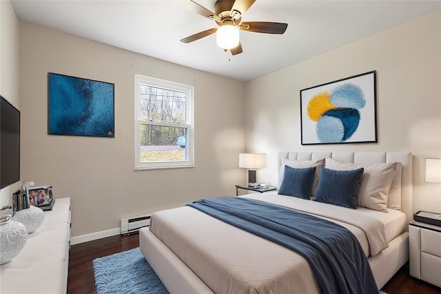 bedroom featuring ceiling fan, dark hardwood / wood-style floors, and a baseboard heating unit