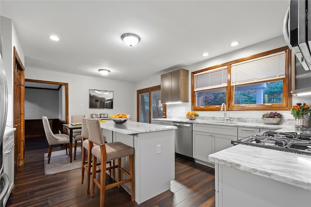 kitchen with a center island, dark hardwood / wood-style flooring, sink, and stainless steel appliances