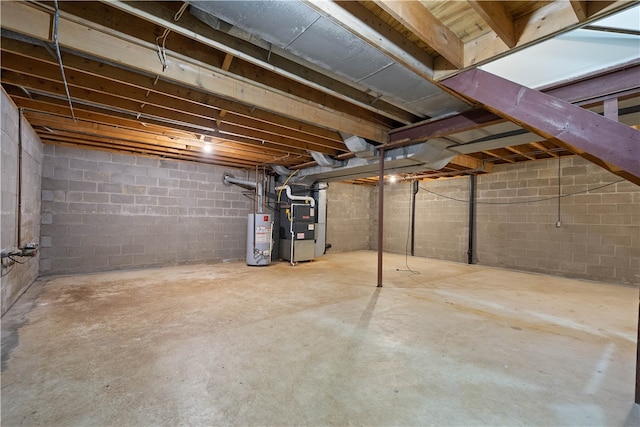 basement with heating unit and water heater