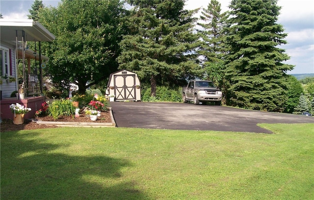 view of yard with a storage shed